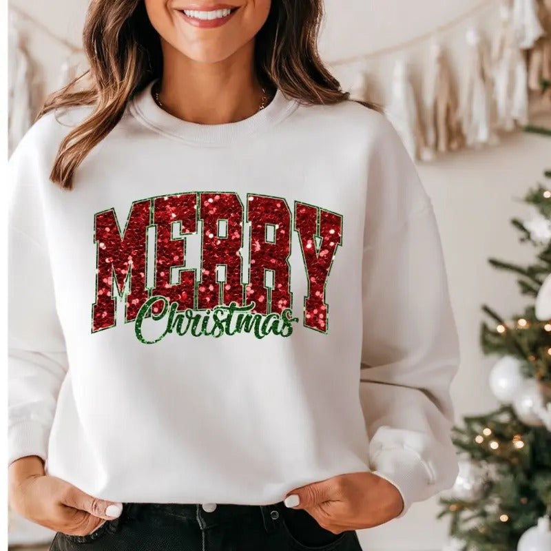 Merry Christmas Glitter Faux Sequin Fleece Crewneck Sweatshirt T-Shirts, Hoodie | InkThreadWorks.com