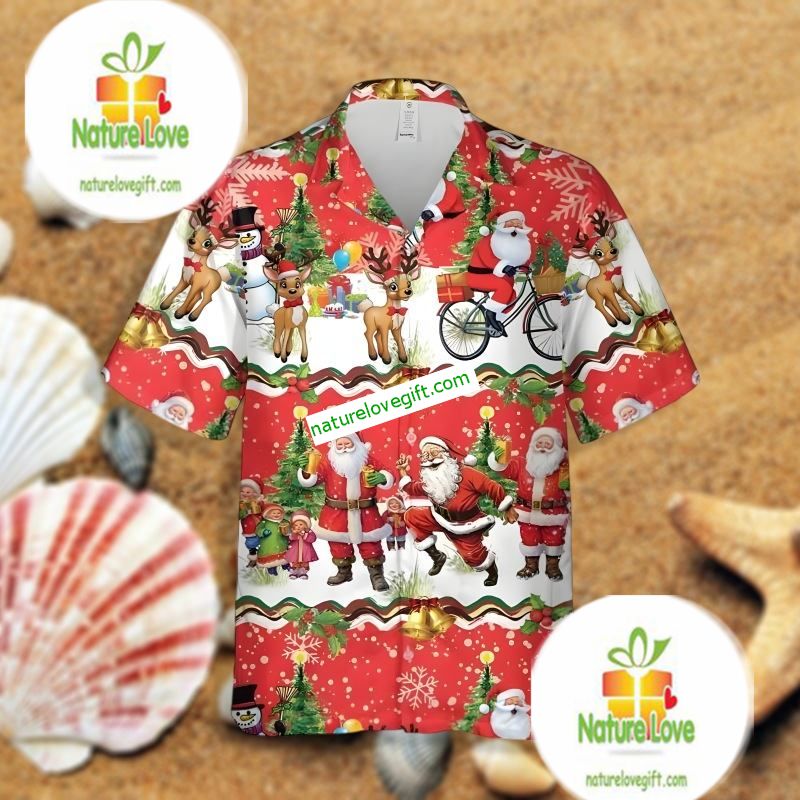 Merry Christmas Santa Claus And Reindeer Red Printed Hawaiian Shirts