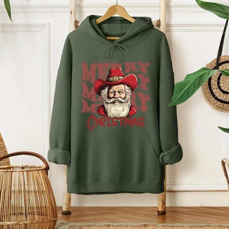 Merry Christmas Santa Cowboy T-Shirt - Unisex Fabric, Loose Fit, Retro Texas Santa Sweatshirt