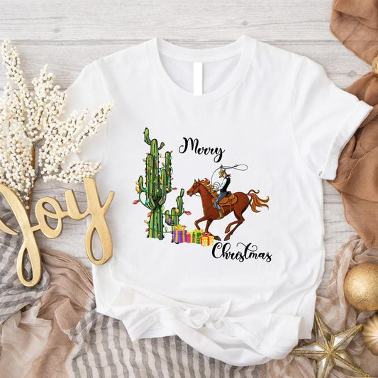 Merry Christmas Shirt, Western Christmas Party T-Shirt, Trendy Country Xmas Tee, Cowboy Gift Tee, Family Holiday Winter...