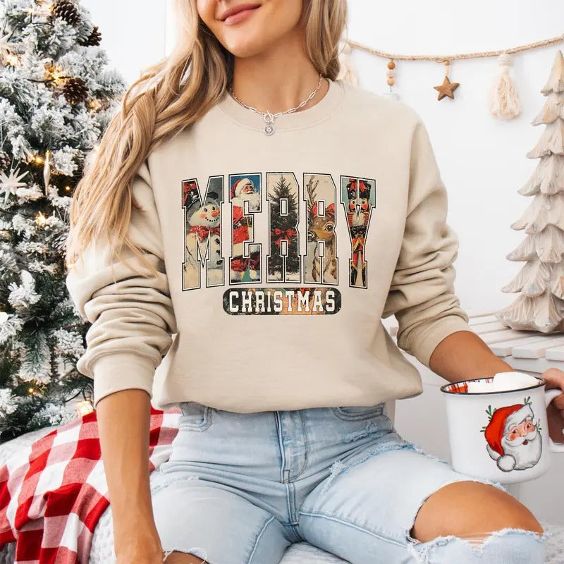 Merry Christmas Sweatshirt, Christmas Crewneck Women Holiday Sweatshirt, Cute Xmas Sweater, Santa Claus Shirt For Women...