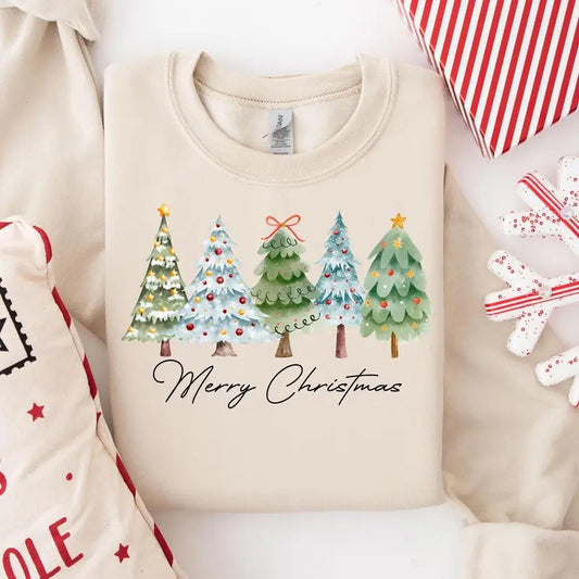 Merry Christmas Sweatshirt, Cute Christmas Tree Sweater, Watercolor Christmas Tree Shirt, Women's Holiday Cotton Crewneck...