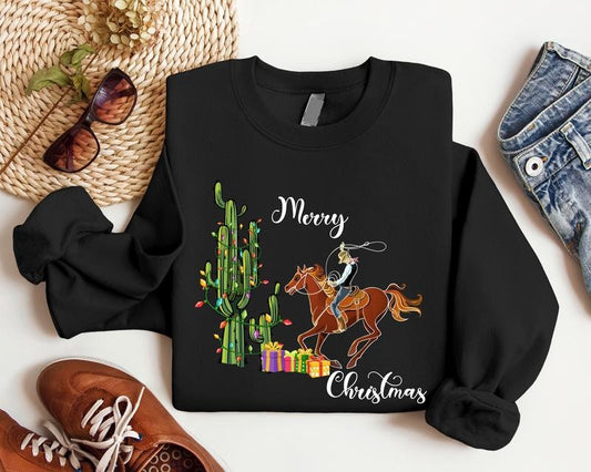 Merry Christmas Sweatshirt, Western Christmas Party Hoodie, Trendy Country Xmas Sweater, Cowboy Gift Hoodie, Family...