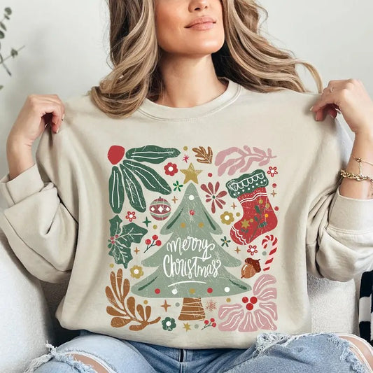 Merry Christmas, Green Floral, Flowers, Xmas Sweatshirt, Crew Neck, Women's, Crewneck T-Shirts, Hoodie | InkThreadWorks.com