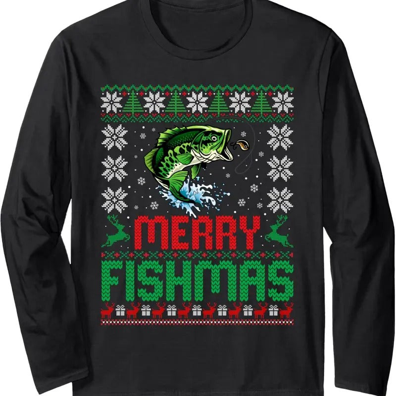 Merry Fishmas Bass Fish Fishing Christmas Ugly Sweater Xmas Long Sleeve T-Shirt Hoodie, Sweatshirt | InkThreadWorks.com