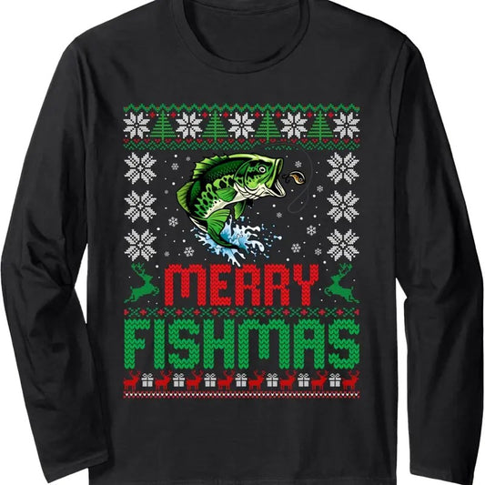 Merry Fishmas Bass Fish Fishing Christmas Ugly Sweater Xmas Long Sleeve T-Shirt Hoodie, Sweatshirt | InkThreadWorks.com