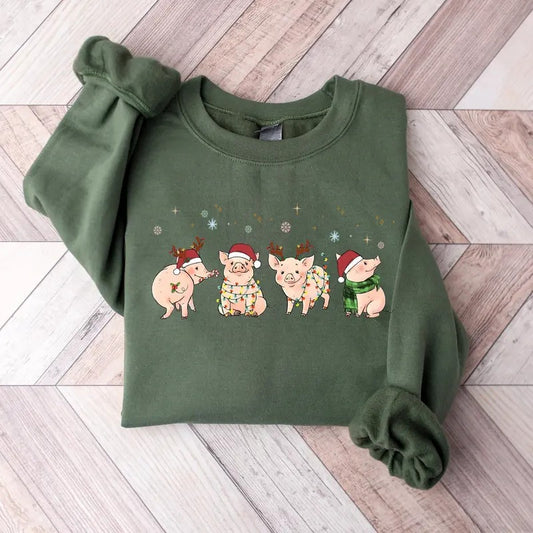 Merry Pigmas Sweatshirt, Funny Xmas Pig Sweater, Pig Lover Gift T-Shirt, Funny Farmer Shirt Collar Cotton Jersey Knit