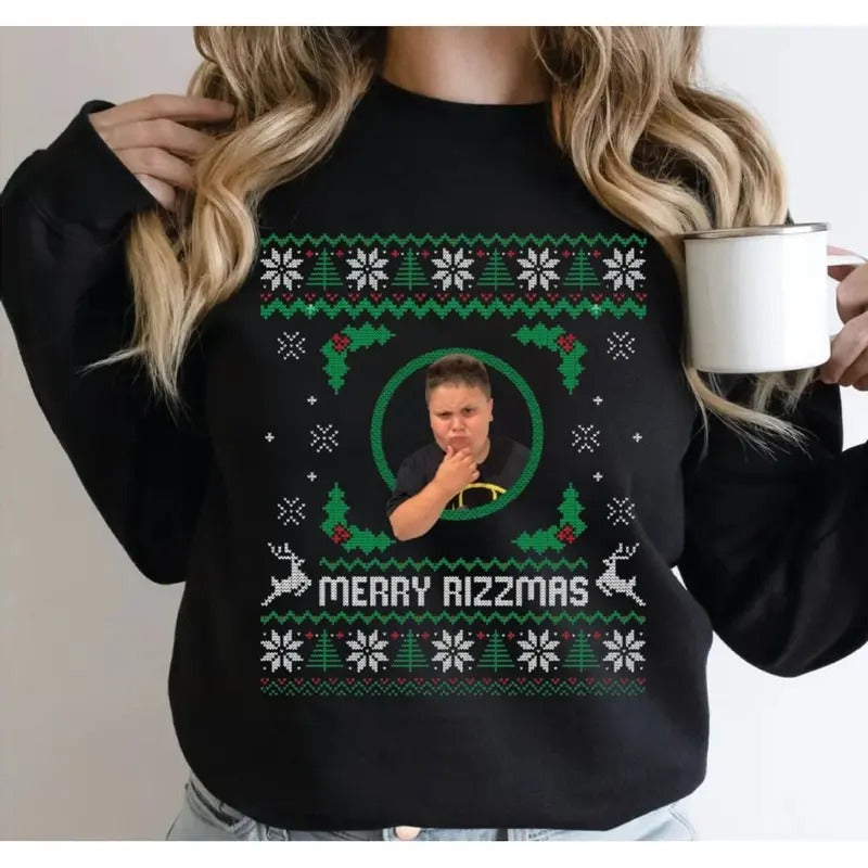 Merry Rizzmas Ugly Christmas Sweater, Funny Christmas Tee Shirt, Holiday Hoodie, Unisex Sweater Pullover Tee Sweatshirt