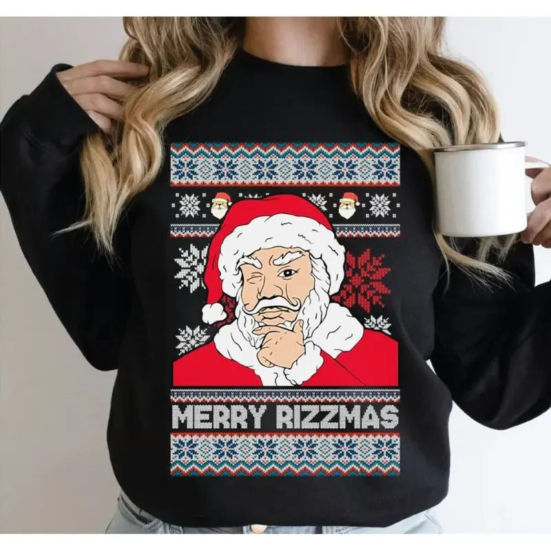 Merry Rizzmas Ugly Christmas Sweater, Funny Santa Christmas Sweatshirt, Holiday Crewneck Sweater, Unisex Sweater Pullover...