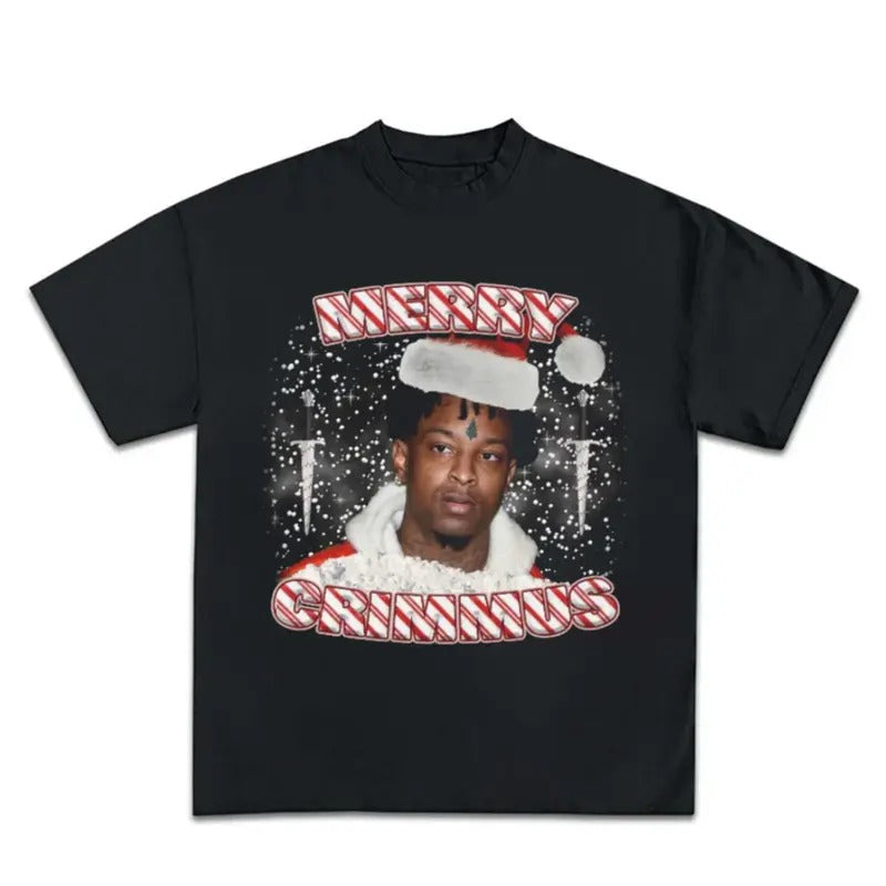 Mery Crimmus Red Winter Christmas Santa Savage Tree Tatto Graphic Rap Tee Shirt Streetwear