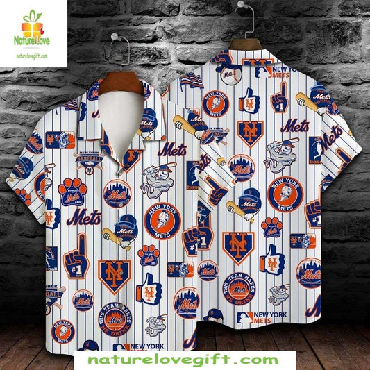 MLB Mets Mascot Hawaiian Shirt White Stripe Baseball Apparel