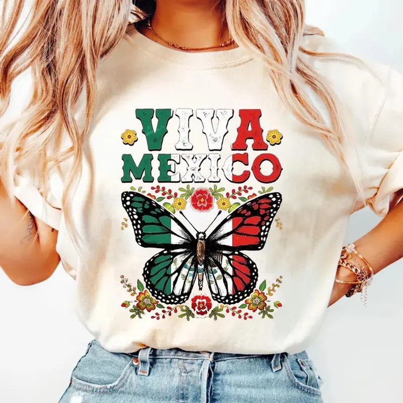 Mexican Flag Butterfly Shirt, Pride Mexican Independance Day Shirt, Mexican Heritage Shirt, Mexican Girl Shirt, Unisex...