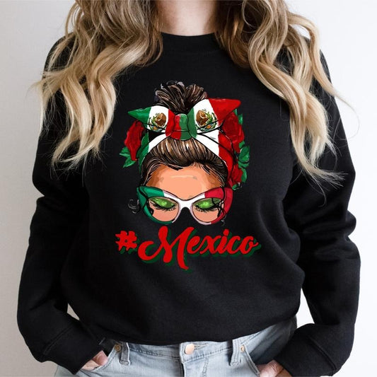 Mexico Messy Bun Sweatshirt, Mexican Flag Hoodie For Woman, Cute Latina Gift Sweater For Mom, Proud Mexican Sweatshirt,...