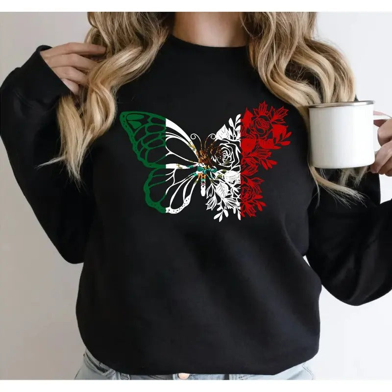 Mexico Mexican Flag Butterfly Independence Day Mexican Pride T Shirt Sweater Hoodie, Unisex Sweater Pullover Tee Sweatshirt