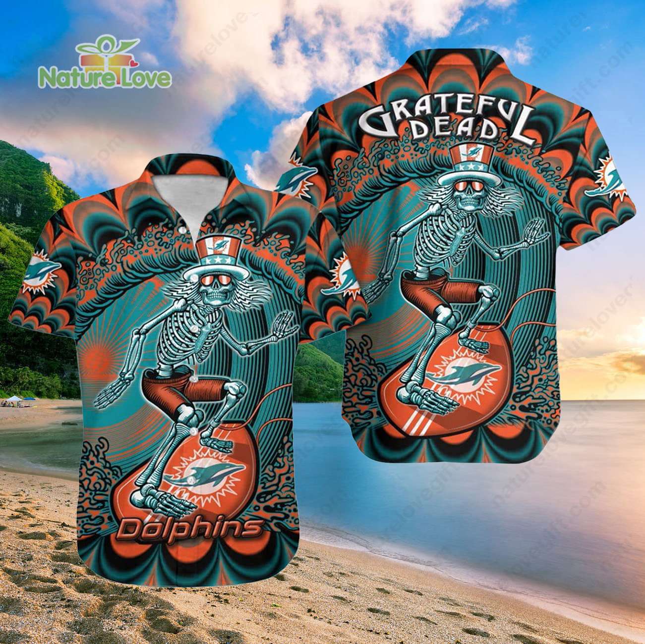 Miami Dolphins Grateful Dead Surfing Dolphins Hawaiian Shirt