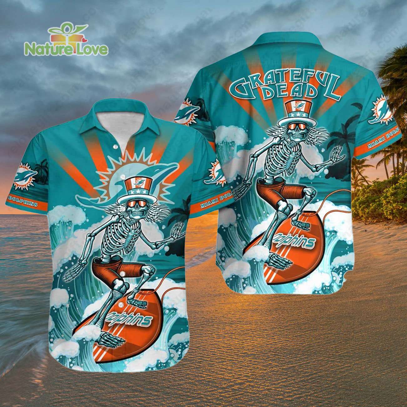 Miami Dolphins Skeleton Grateful Dead Surfing Dolphins Hawaiian Shirt