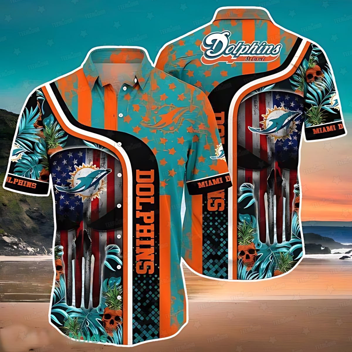 Miami Dolphins Hawaiian Shirt Stars and Stripes Skull Design 862400