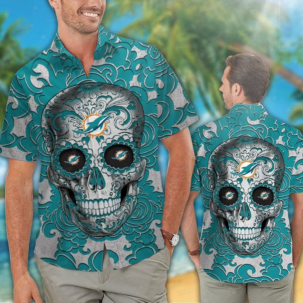 Miami Dolphins Sugar Skull Hawaiian Shirt Blue 142394