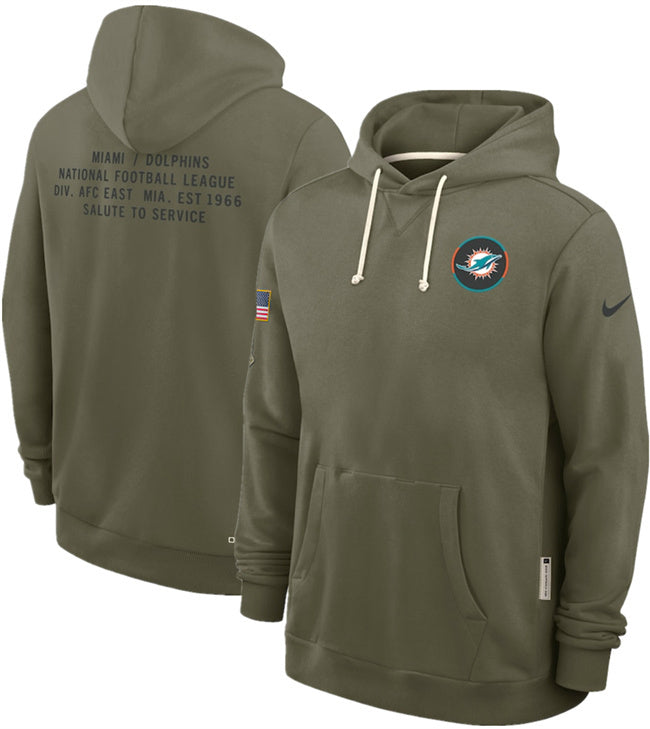 Miami Dolphins Olive 2025 Salute to Service Pullover Hoodie