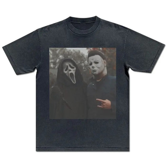 Michael Myers and Ghost Shirt Halloween Scary Movie T-Shirt Slasher Movie Birthday Gift 70s 80s 90s Vintage Horror Tee Thriller Movie