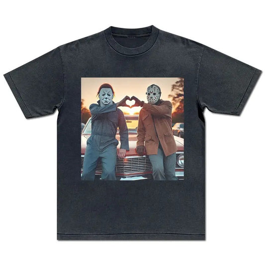 Michael Myers and Jason Heart Hands Shirt Halloween Scary Movie T-Shirt Slasher Film Birthday Gift 70s 80s 90s Vintage Horror Tee Thriller