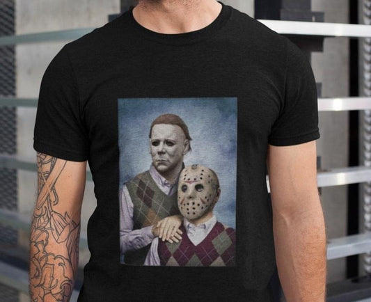 Michael Myers and Jason Voorhees Step Brothers Movie Funny Shirts, Brothers Family Portrait, Horror Movie Characters,...