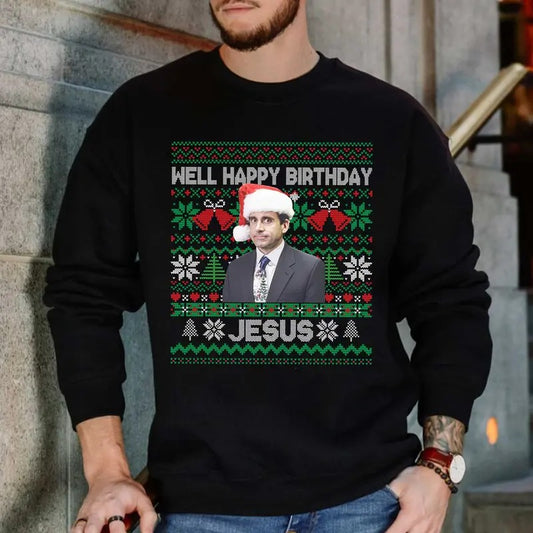 Michael Scott Happy Birthday Jesuss Shirt, The Office Movie Funny Xmas Holiday Tee Sweater Hoodie, Vintage Cotton Shirt Gift For Christmas