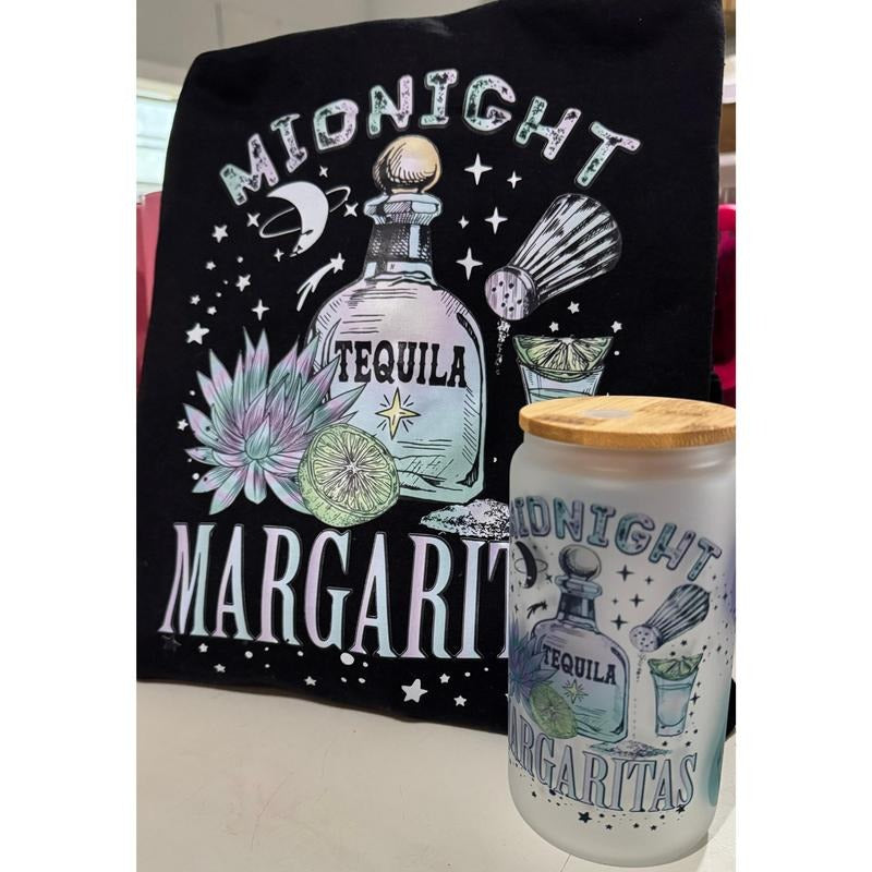 Midnight Margaritas Sweatshirt & Frosted Glass Cup Bundle - Tequila Lovers Gift Set glass with Bamboo Lid or Stainless...