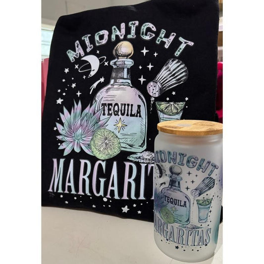 Midnight Margaritas Sweatshirt & Frosted Glass Cup Bundle - Tequila Lovers Gift Set glass with Bamboo Lid or Stainless...
