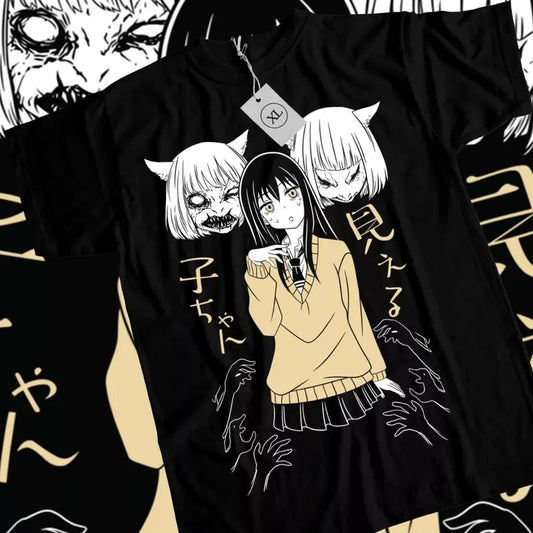 Mieruko-chan Anime T-Shirt & Sweatshirt, Miko Yotsuya And Ghost Graphic Tee, Anime Manga Lover Gifts Ball Cotton Dragon Menswear Top Canvas