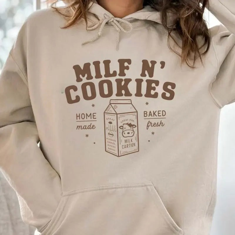 Milf N' Cookies Stay At Home Milf Funny Milf  Funny Hoodie Casual Street Style Fleece Pullover Hooded Sweatshirt For Women For Men, Perfect Gift