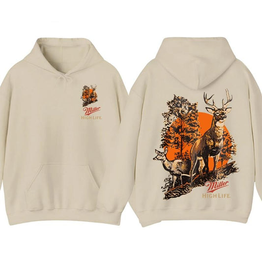 Miller High Life Deer Hunting Hoodie and T-Shirt, 2-Sided Beer Graphic Tee, Southern Streetwear Casual Summer Top
