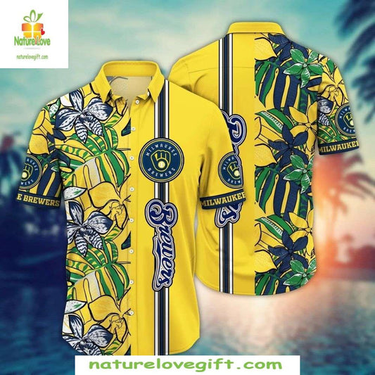 Milwaukee Brewers Hawaiian Shirt Citrus Grove Yellow Leaf MLB Baseball Apparel