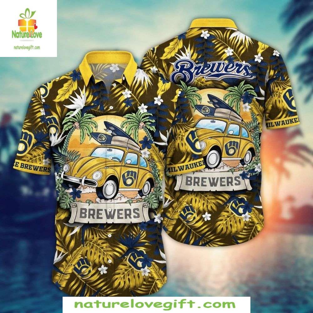 Milwaukee Brewers Hawaiian Shirt Retro Car Palm Print MLB Baseball Apparel