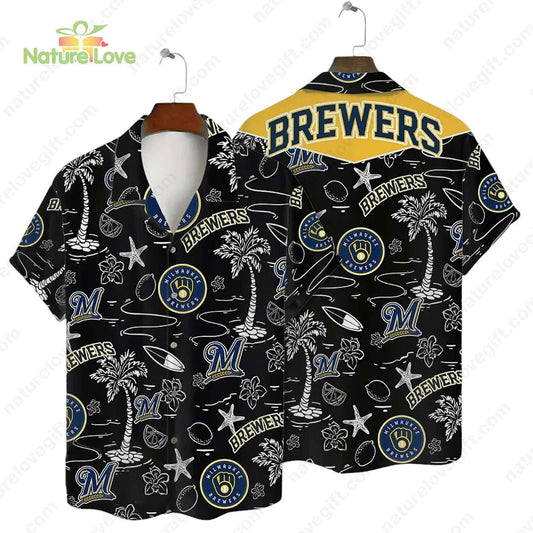 Milwaukee Brewers Tropical Palms MLB Black Hawaiian Shirt