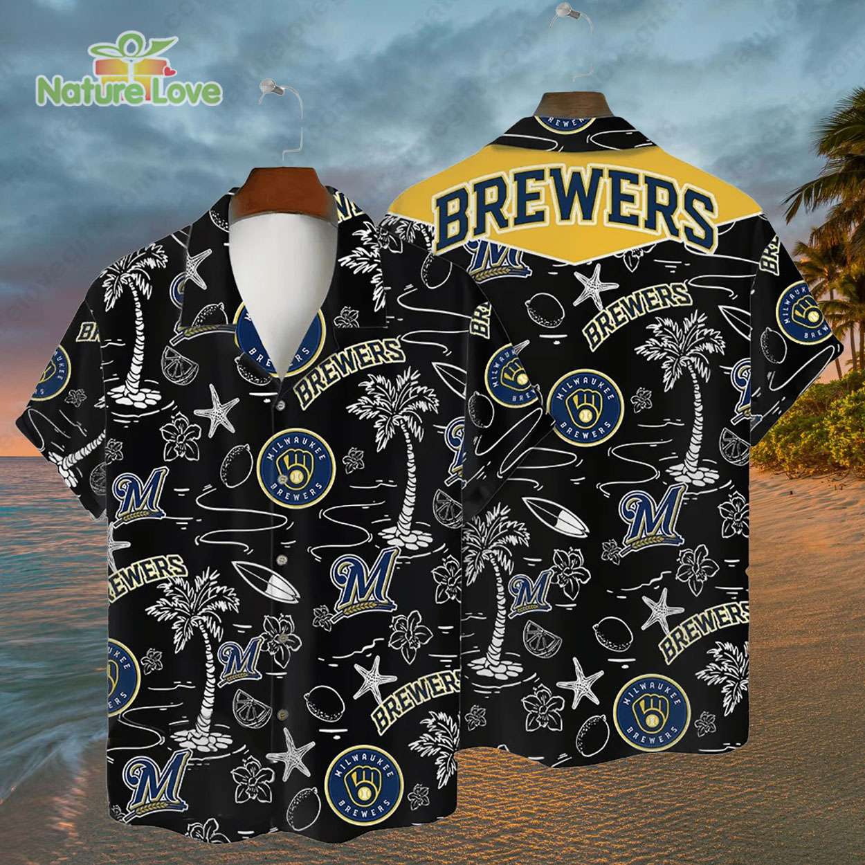 Milwaukee Brewers Tropical Palms MLB Black Hawaiian Shirt