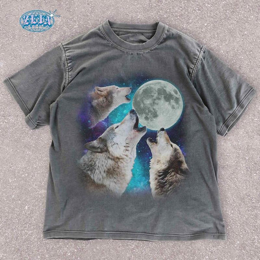 [ Mineral Wash ] Mystical Three Wolves Moon Washed, Cosmic Nature Wildlife Graphic Tee , Celestial Wolf TShirt , Howling Wolf Shirt For Animal Lovers