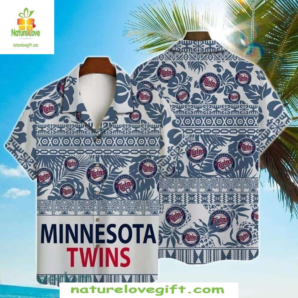 Minnesota Twins Hawaiian Shirt Geometric Palm Leaves Baseball Apparel