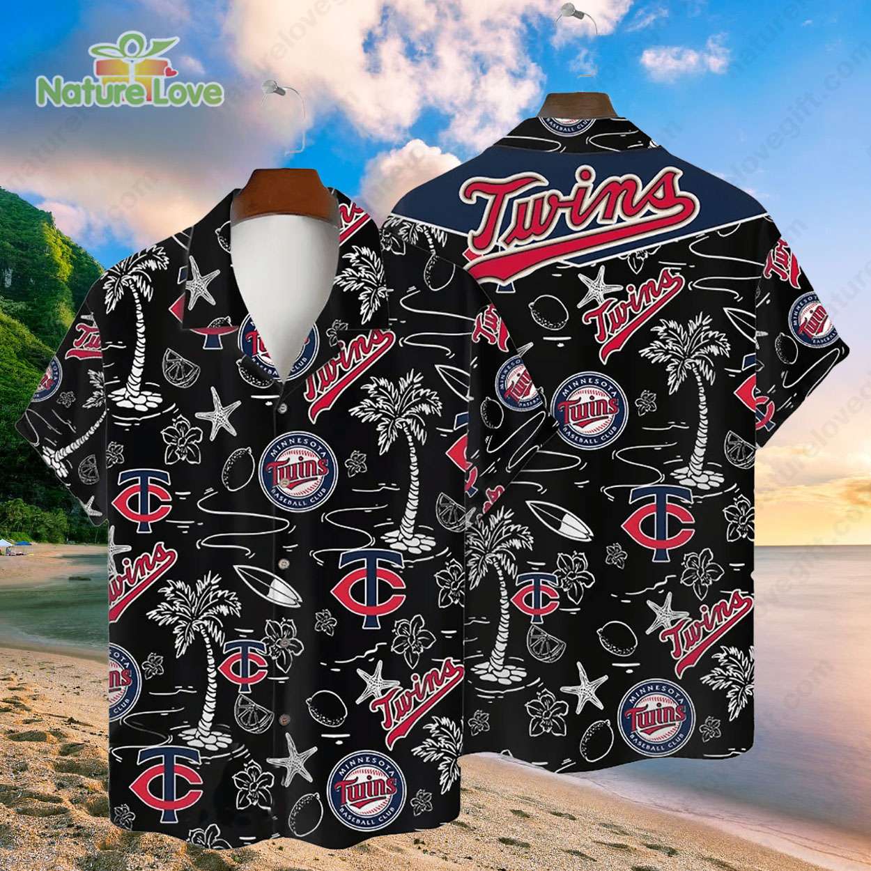 Minnesota Twins Tropical Palms MLB Black Hawaiian Shirt