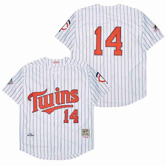 Minnesota Twins #14 Kent Hrbek Twins 14 White Navy Stripe 1991 Retro Style 1