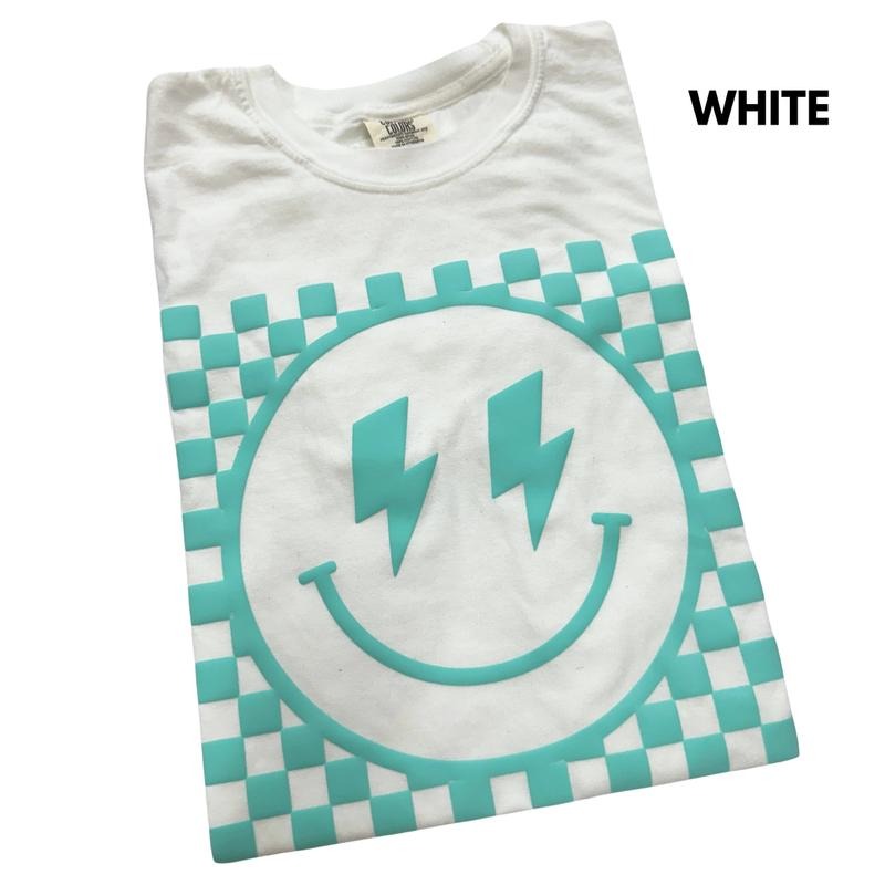 Mint Puff Checkered Happy Face Comfort Colors T-Shirt Hoodie, Sweatshirt | InkThreadWorks.com