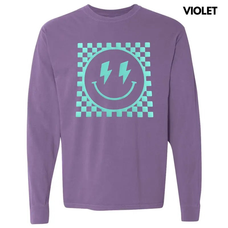 Mint Puff Checkered Happy Face Long Sleeve Comfort Colors T-Shirt Hoodie, Sweatshirt | InkThreadWorks.com
