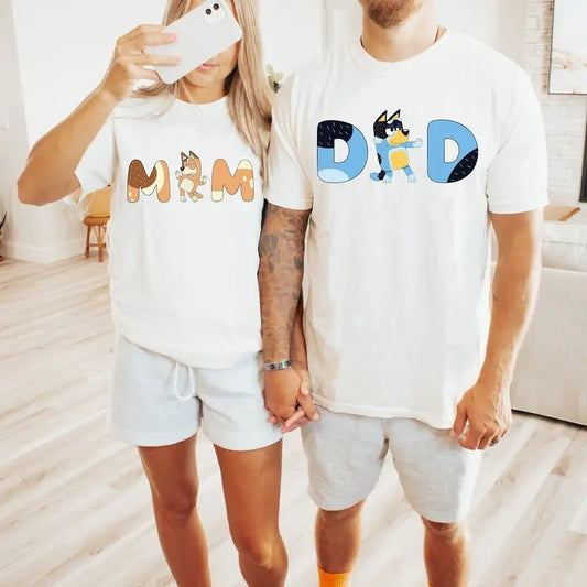 Mom & Dad Couple T-shirt - Family Tee - Cartoon Graphic T-shirt