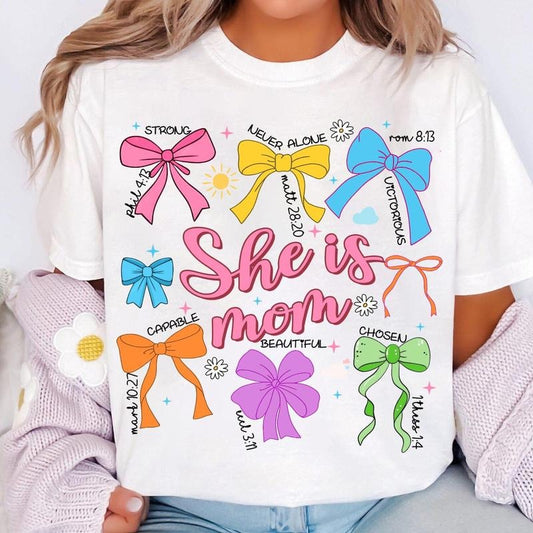 Mom Coquette Bow T-Shirt, She Is Mom T-Shirt, Bible Verses T-Shirt, Mom T-Shirt, Blessed Mom T-Shirt, Empowered Women...
