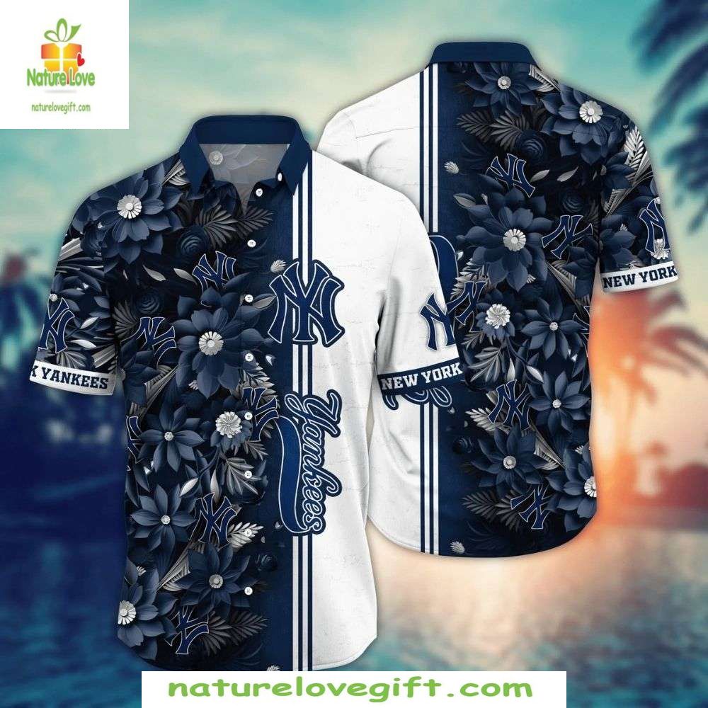 NY Yankees Hawaiian Shirt Monochrome Floral MLB Baseball Aloha Shirt
