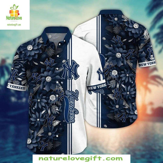 NY Yankees Hawaiian Shirt Monochrome Floral MLB Baseball Aloha Shirt