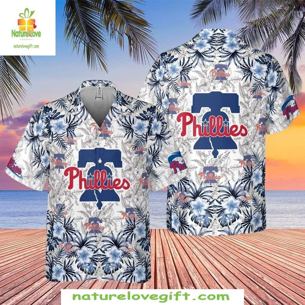 Philadelphia Phillies Hawaiian Shirt Monochrome Floral White Baseball Aloha