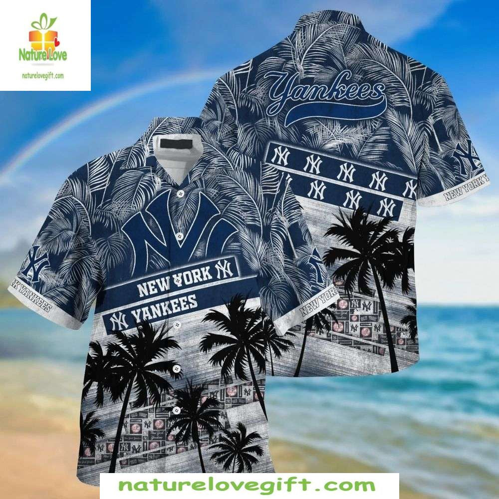 NY Yankees Hawaiian Shirt Monochrome Palms MLB Baseball Apparel