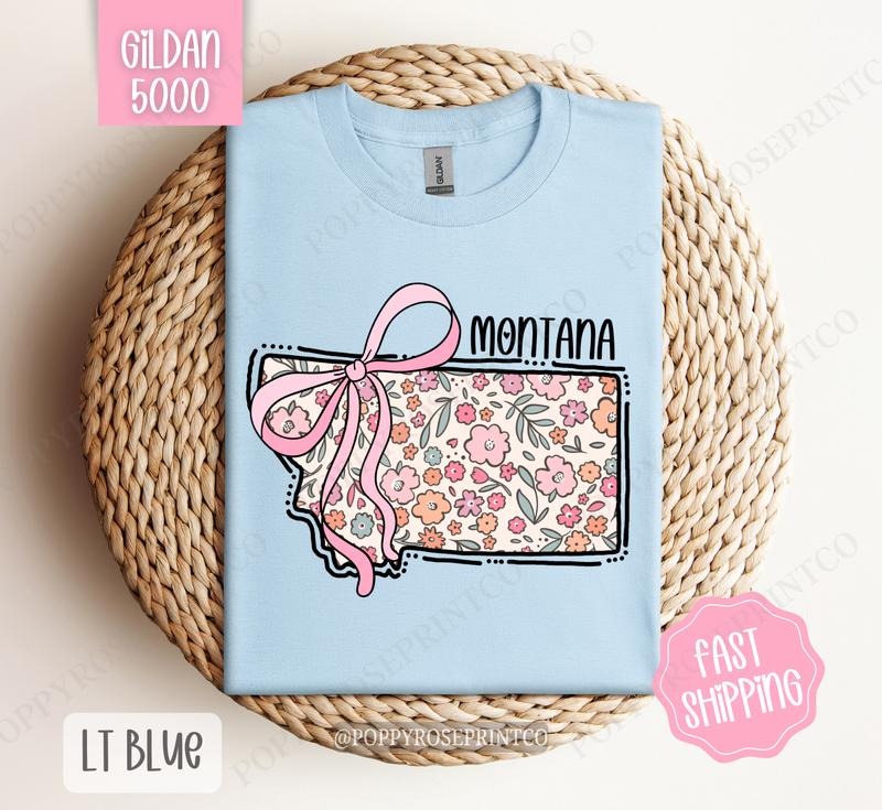 Montana Gildan T-shirt, Cute Montana State Shirt, Montana Floral Bow Tee Hoodie, Sweatshirt | InkThreadWorks.com
