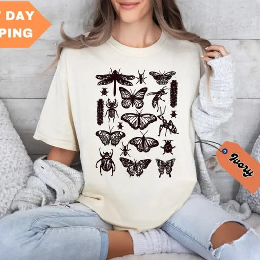 Moth Shirt, Vintage Butterfly Moth Shirt, Cottagecore Boho Tee, Aesthetic Trendy Shirt, Whimsigoth Clothing, Dark Academia, vintage 90s graphic tees Underwear Streetwear Womenswear Tops Lady Comfort Crewneck Round Neck